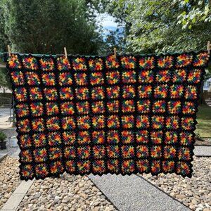 Vintage Black Rainbow Granny Square Afghan Throw 53" X 35" Handmade Crochet